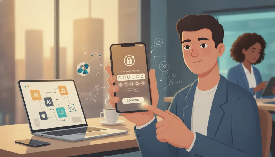 ChatGPT SMS onayı için telefon numarası doğrulama ekranı ve bir akıllı telefonun yanında duran bir kişi