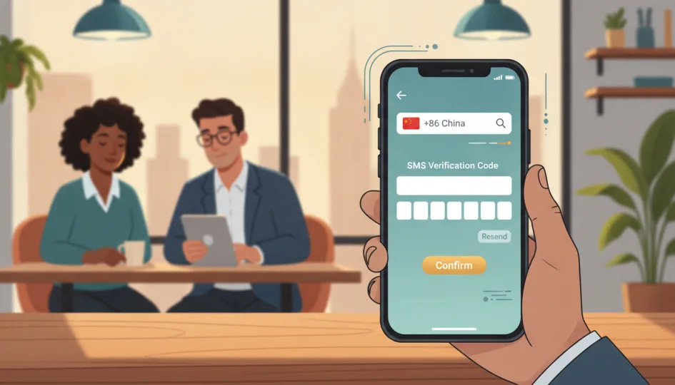 Bir akıllı telefon ekranında OnayTR uygulamasının Çin numarası seçme ve SMS onayı alma arayüzü.