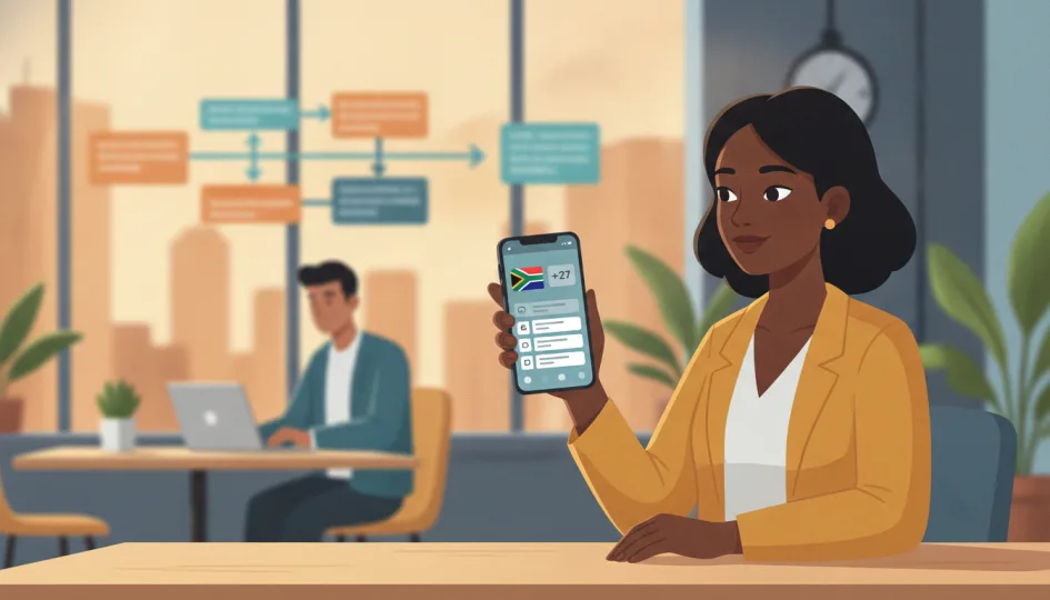 Telefon ekranında Güney Afrika bayrağı ve sanal numara alma adımları