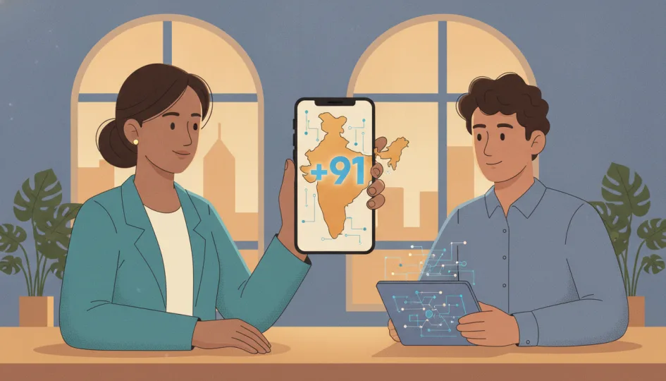 Bir akıllı telefon ekranında Hindistan haritası ve +91 kodu, sanal numara kavramını temsil ediyor.