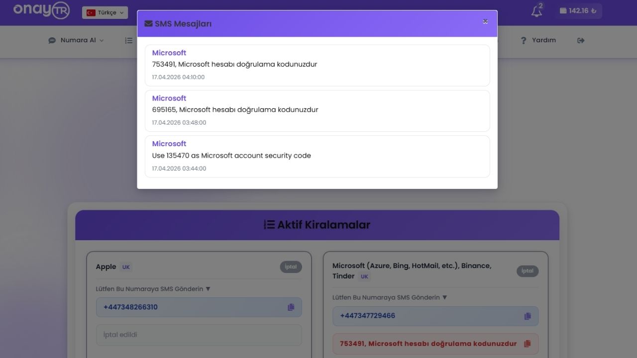 numara kiralama sms onay