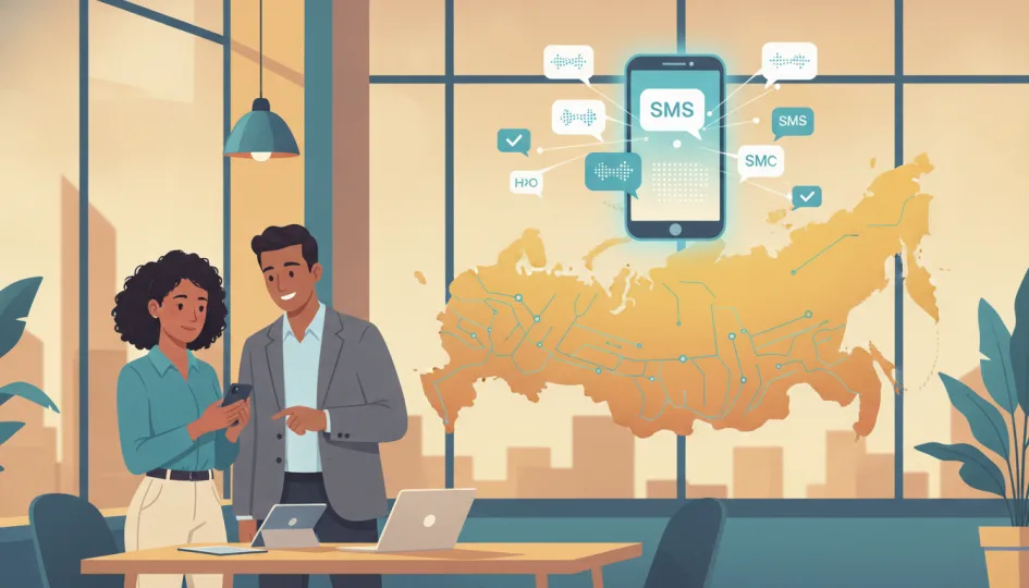 Rusya haritası üzerinde telefon simgesi ve SMS baloncukları