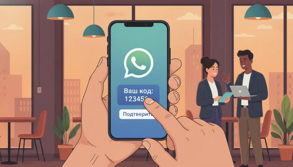 Akıllı telefon ekranında WhatsApp logosu ve Rusça SMS kodu