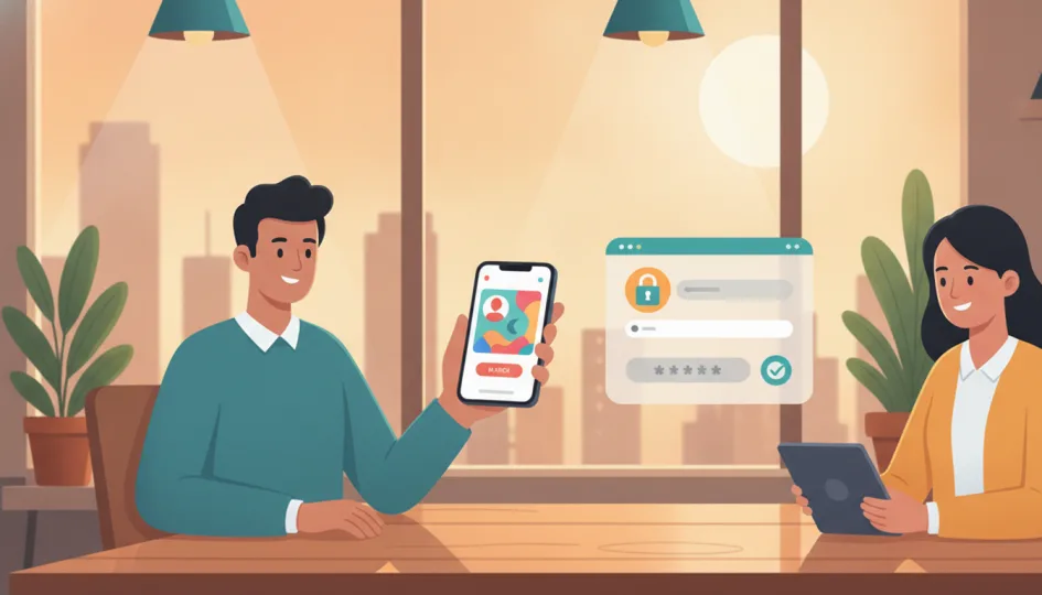 Bir akıllı telefon ekranında Tinder uygulamasının arayüzü ve yanında şifre/doğrulama kodu girilen bir alan.