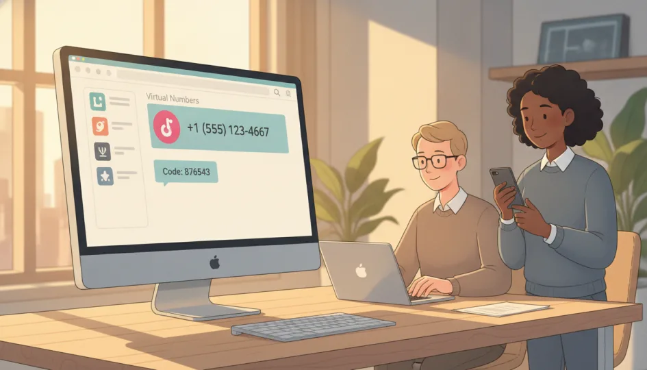 Bir bilgisayar ekranında OnayTR web sitesinin paneli açık, Tinder servisi seçili ve bir sanal numara ile gelen SMS kodu gösteriliyor.