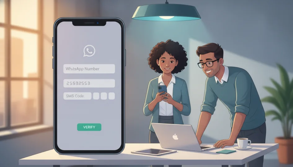 Bir akıllı telefonda WhatsApp Business uygulamasının doğrulama ekranı, sanal numara ile SMS kodu girme süreci