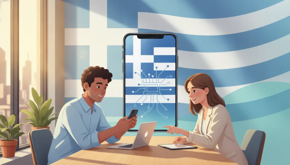 Yunanistan bayrağı ve üzerinde dijital bir telefon simgesi, sanal numara kavramını temsil ediyor.