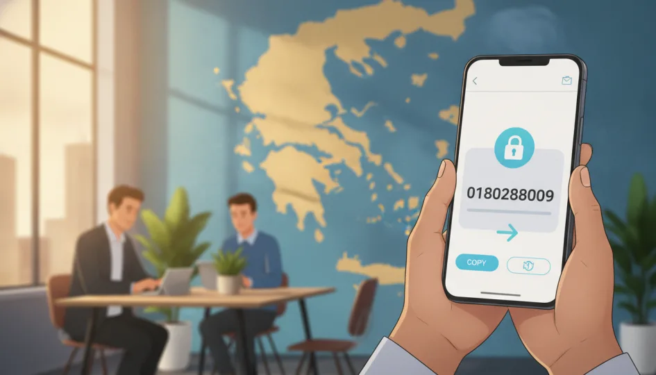 Bir akıllı telefon ekranında WhatsApp SMS doğrulama kodu ve arka planda Yunanistan haritası.